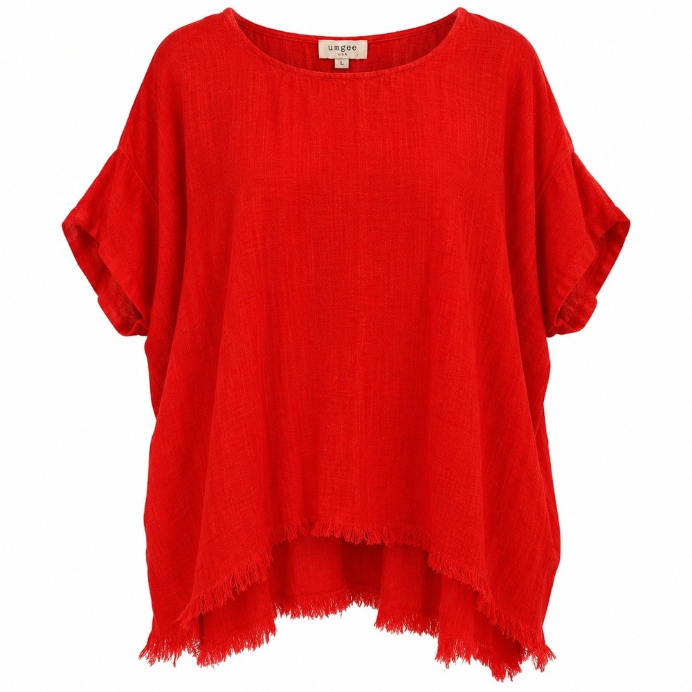 Umgee Red Linen Blend Oversized Tunic Top Boho Lagenlook Raw Hem L